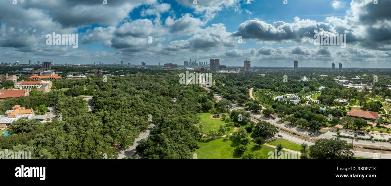 Aerial view of Hermann park in Houston with Japanese Garden, zoo, Space Adventure playground Stock Photo
