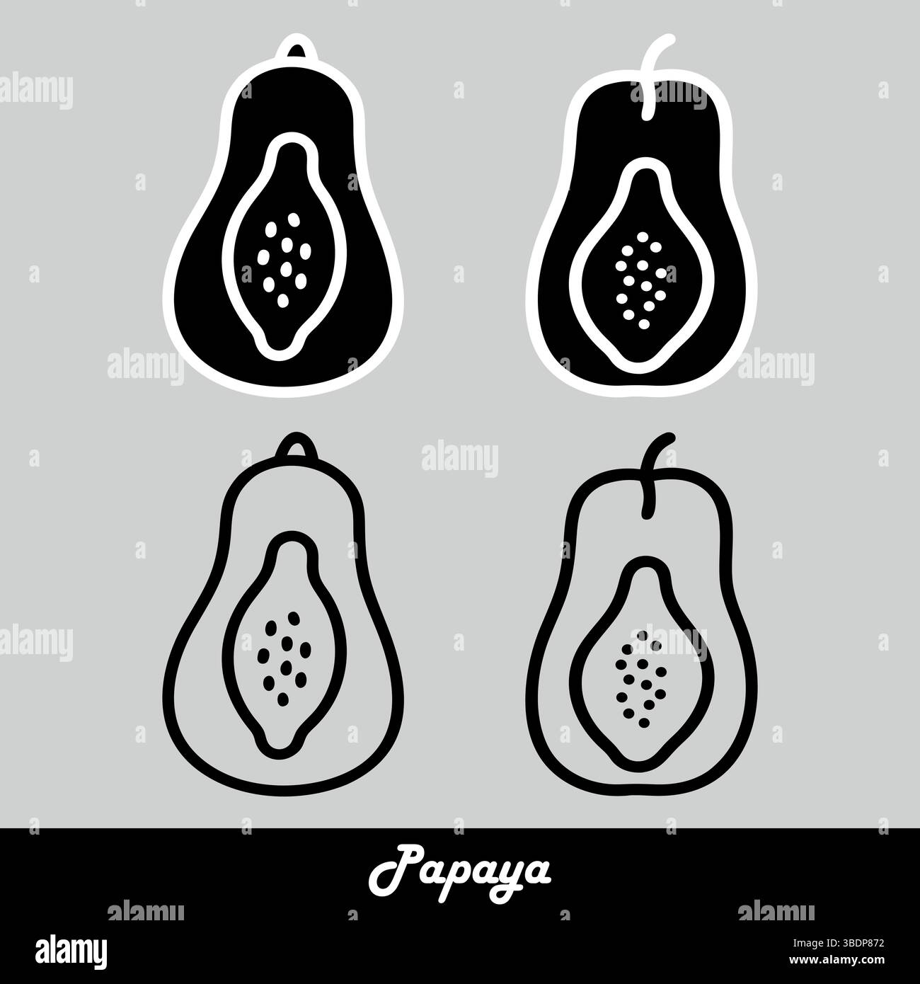 Four simple papaya fruit illustrations black white Stock Vector