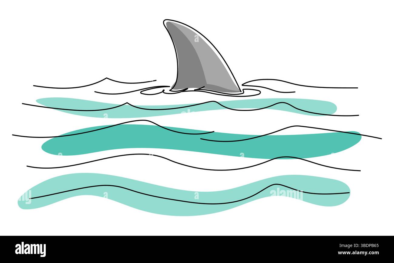 Continuous one line drawing of shark fin. One line drawing of shark fin danger illustration. vector illustration. Editable stroke. Stock Vector