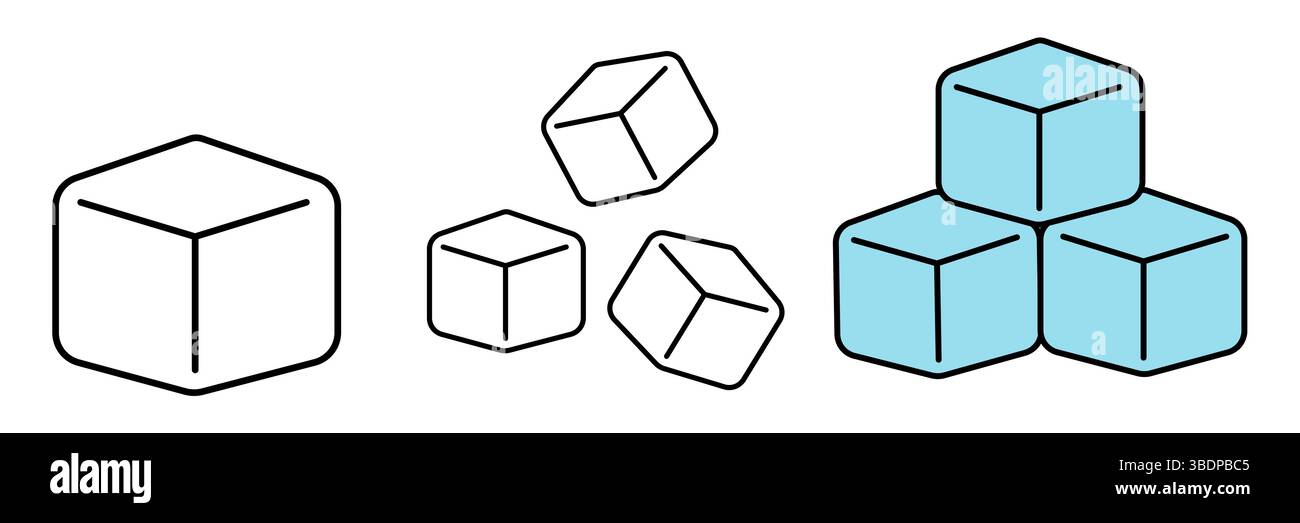 Sugar or ice cubes icon set. Ice cube vector illustration. Square dice outline symbol isolated. Editable stroke. Stock Vector