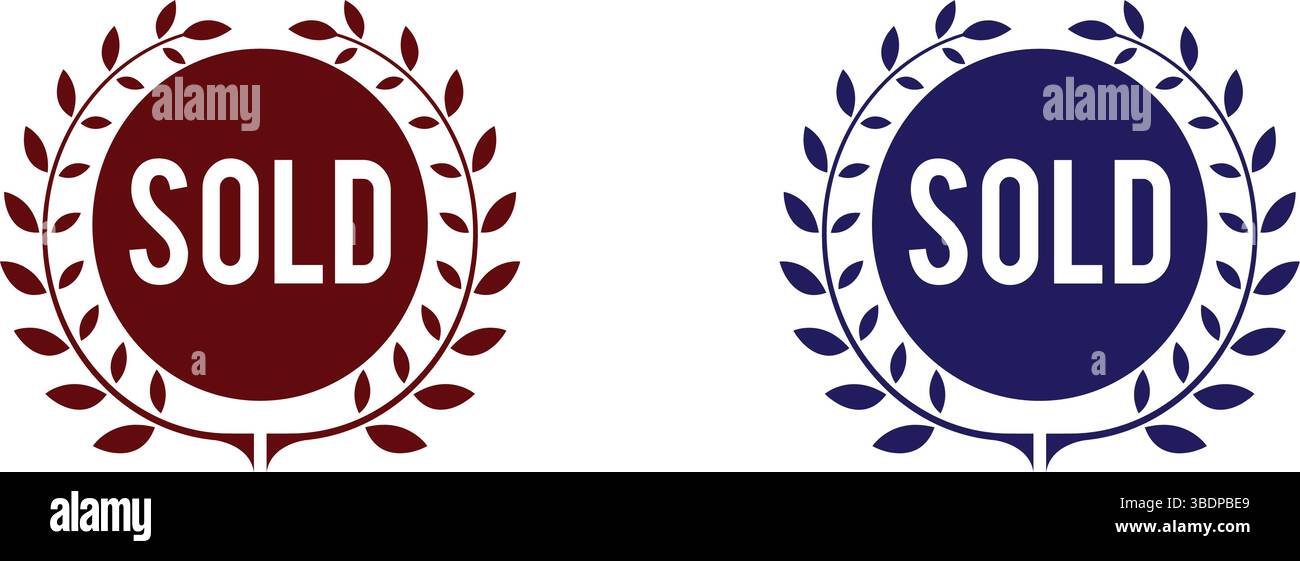 Sold Badge icon, symbol, label, badge, logo, seal, stamp, sign  Red and Blue Circular Laurel Vector Design for Retail, Real Estate, and Ecommerce Stock Vector