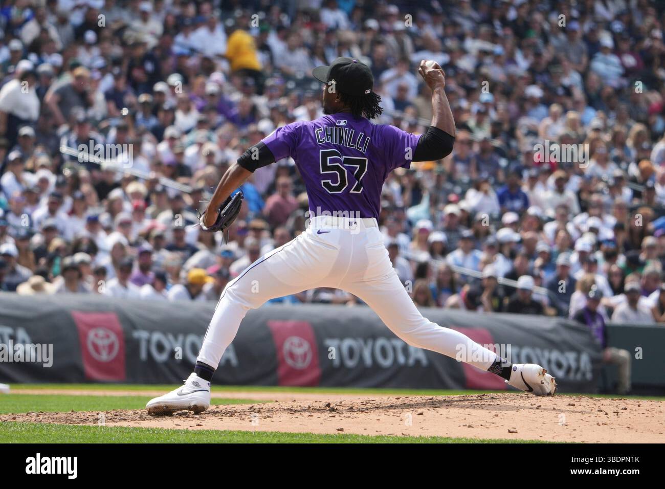 May 234 2025: Colorado pitcher Angel Chivilli (57} throws a pitch ...