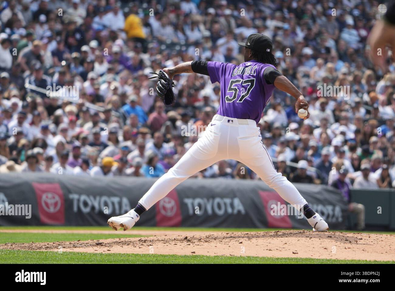 May 234 2025: Colorado pitcher Angel Chivilli (57} throws a pitch ...