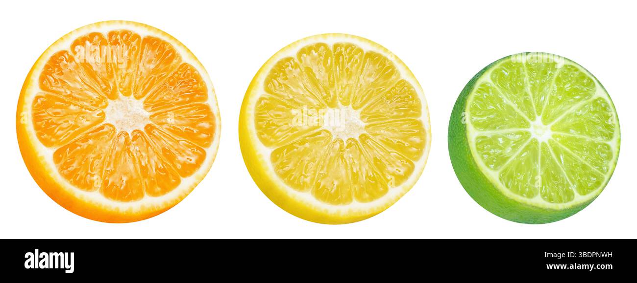Collection of citrus halves - orange, lemon and lime on isolated white background. Citrus set. Stock Photo