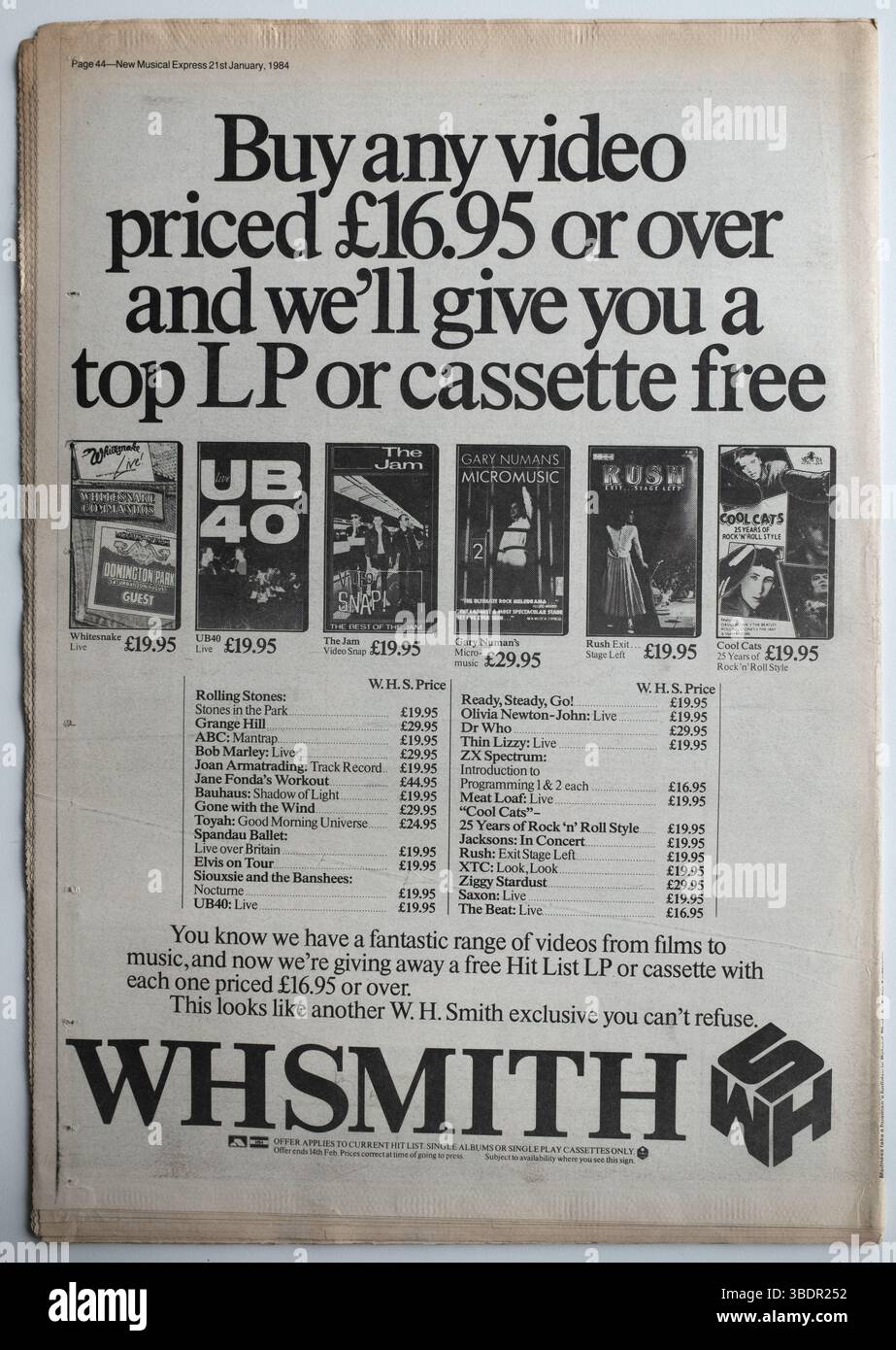 Back Cover Advert from 1980s edition of NME New Musical Express Music Paper for WH Smith Record Shop - January 1984 Stock Photo