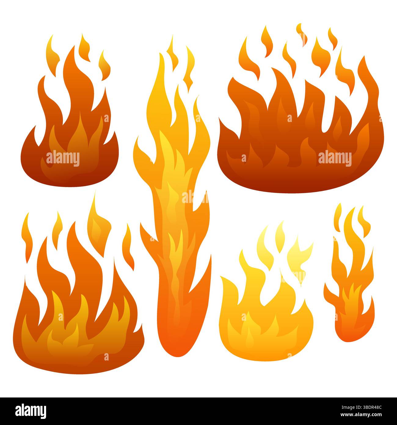 Set of Six Fire Flames isolated on white background. Vector illustration Stock Vector