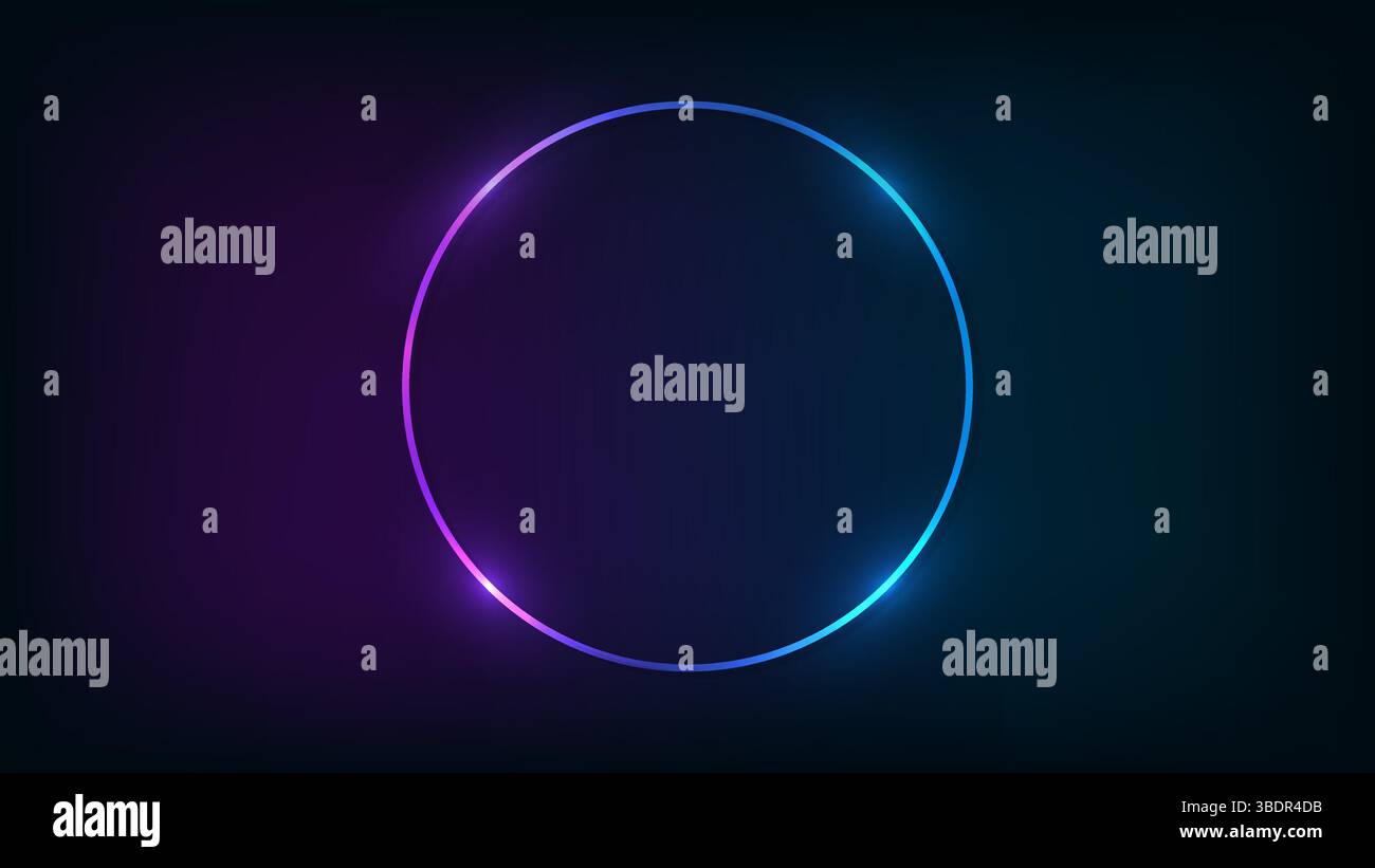 Neon round frame with shining effects on dark background. Empty glowing techno backdrop. Vector illustration. Stock Vector