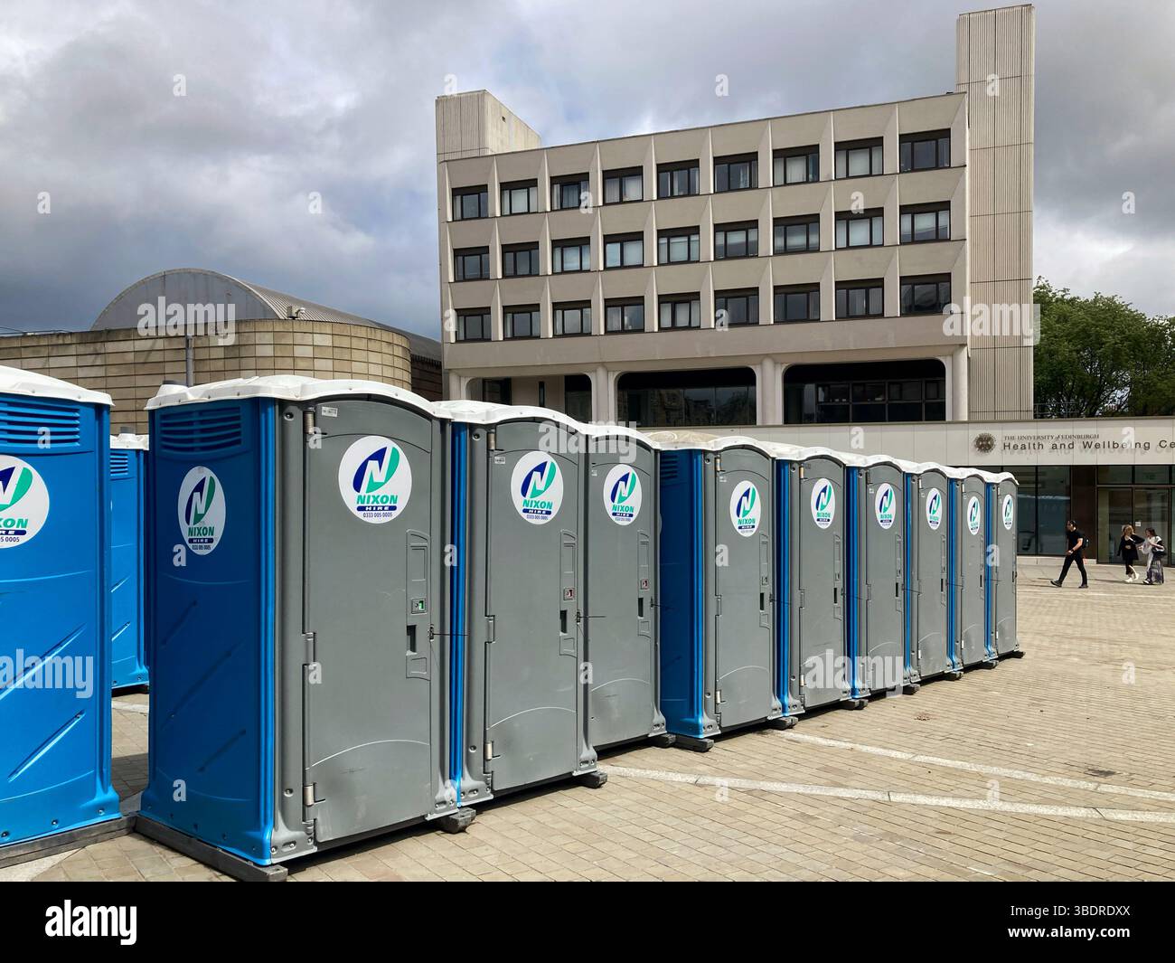 Chemical toilets lined in Bristo Square, Edinburgh Scotland - Smartphone Captured Stock Image