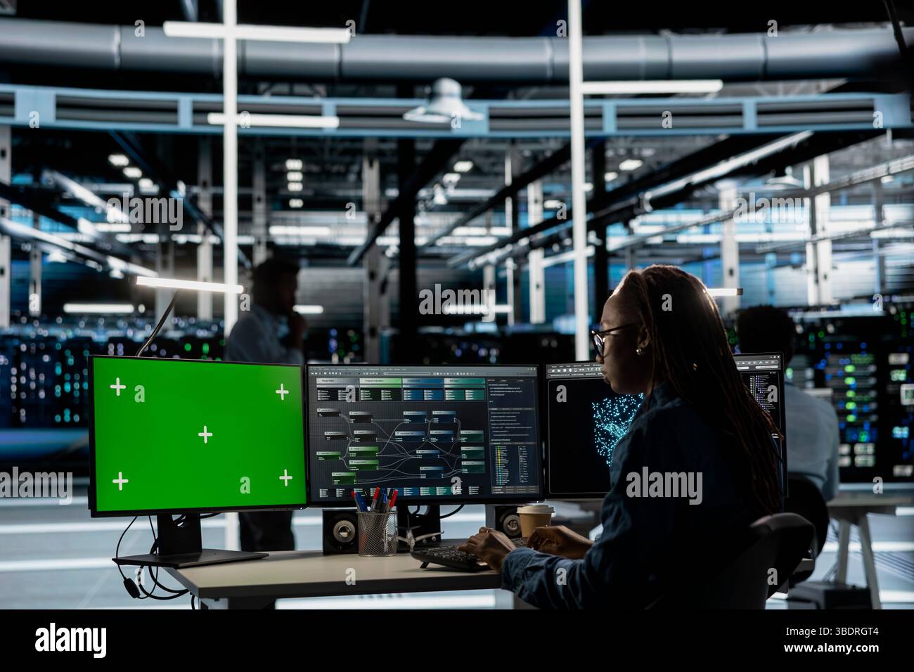 Server hub expert using AI programming language on chroma key computer to configure specialized hardware. Data center engineer using artificial intelligence neural networks on isolated screen PC Stock Photo