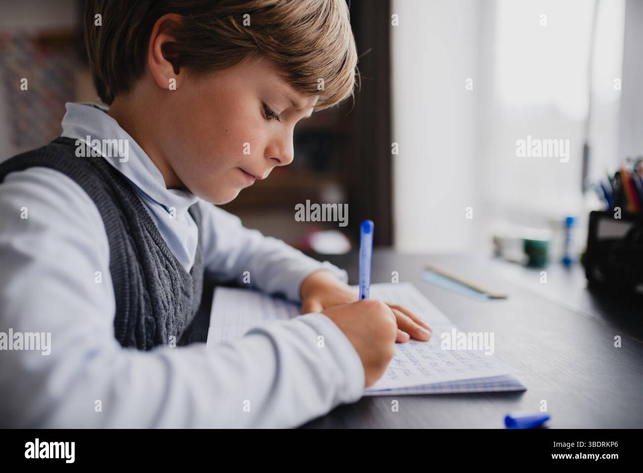 Boy pupil doing his homework at home Stock Photo