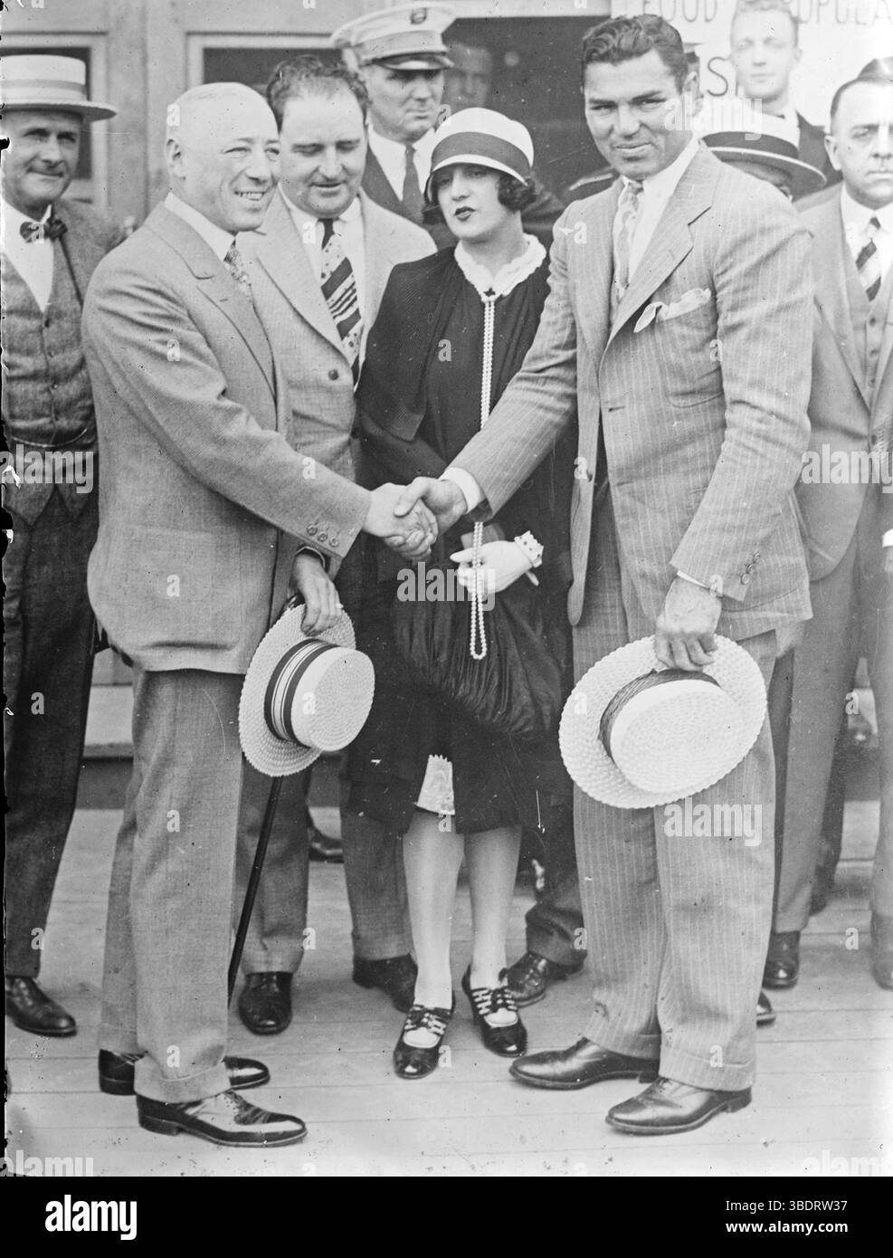 Tex Rickard (boxing promoter), Philadelphia Mayor W. Freeland Kendrick, Gene Normile (Dempsey's manager), Estelle Taylor (Dempsey's wife), and Jack Dempsey. Stock Photo