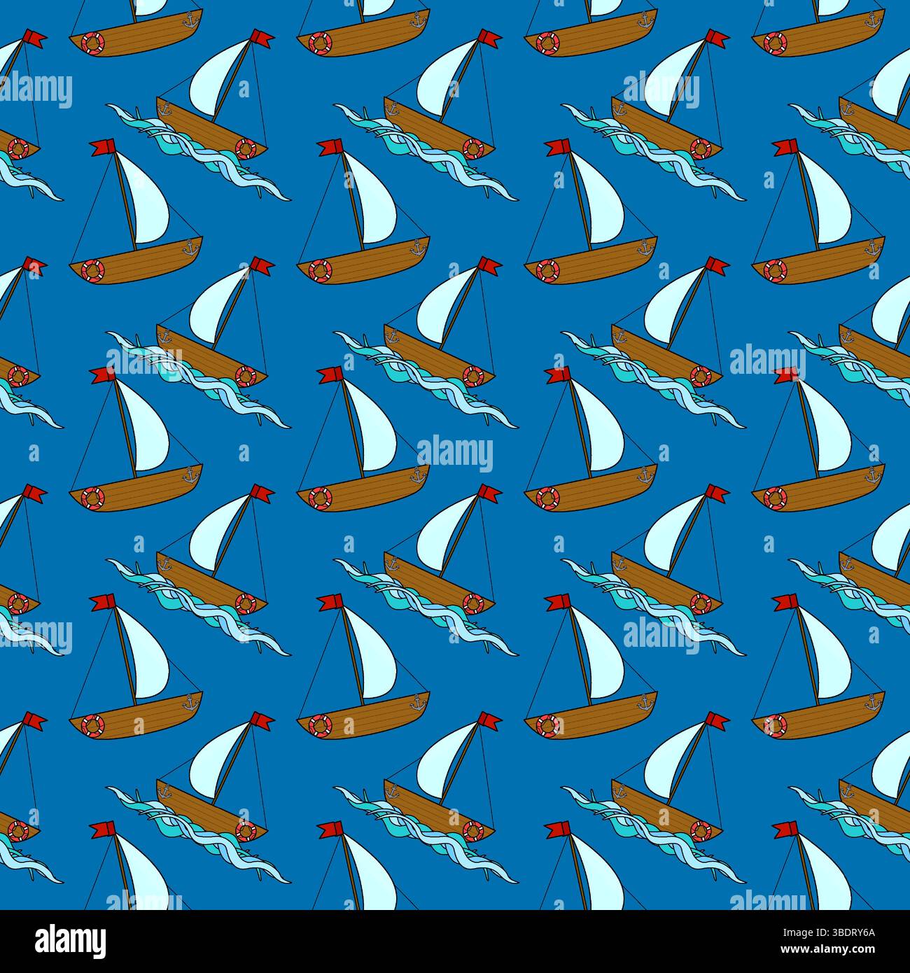 Seamless summer nautical cartoon pattern with sailboats, and ocean waves on dark blue background. For summertime, maritime and sea clothing design, be Stock Vector