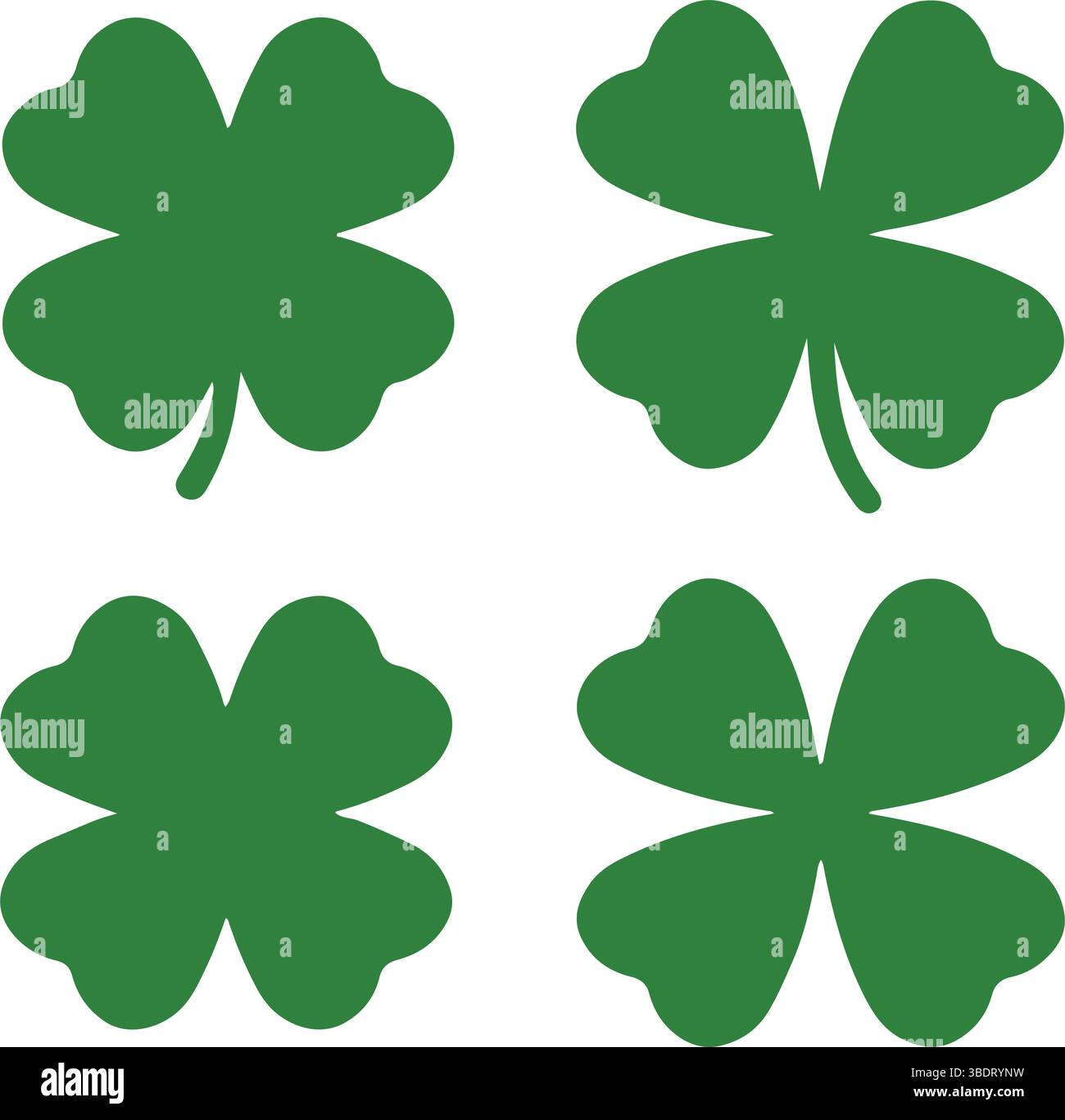 Icon set of green four-leaf clover flower. Simple flat design vector illustrations, Stock Vector