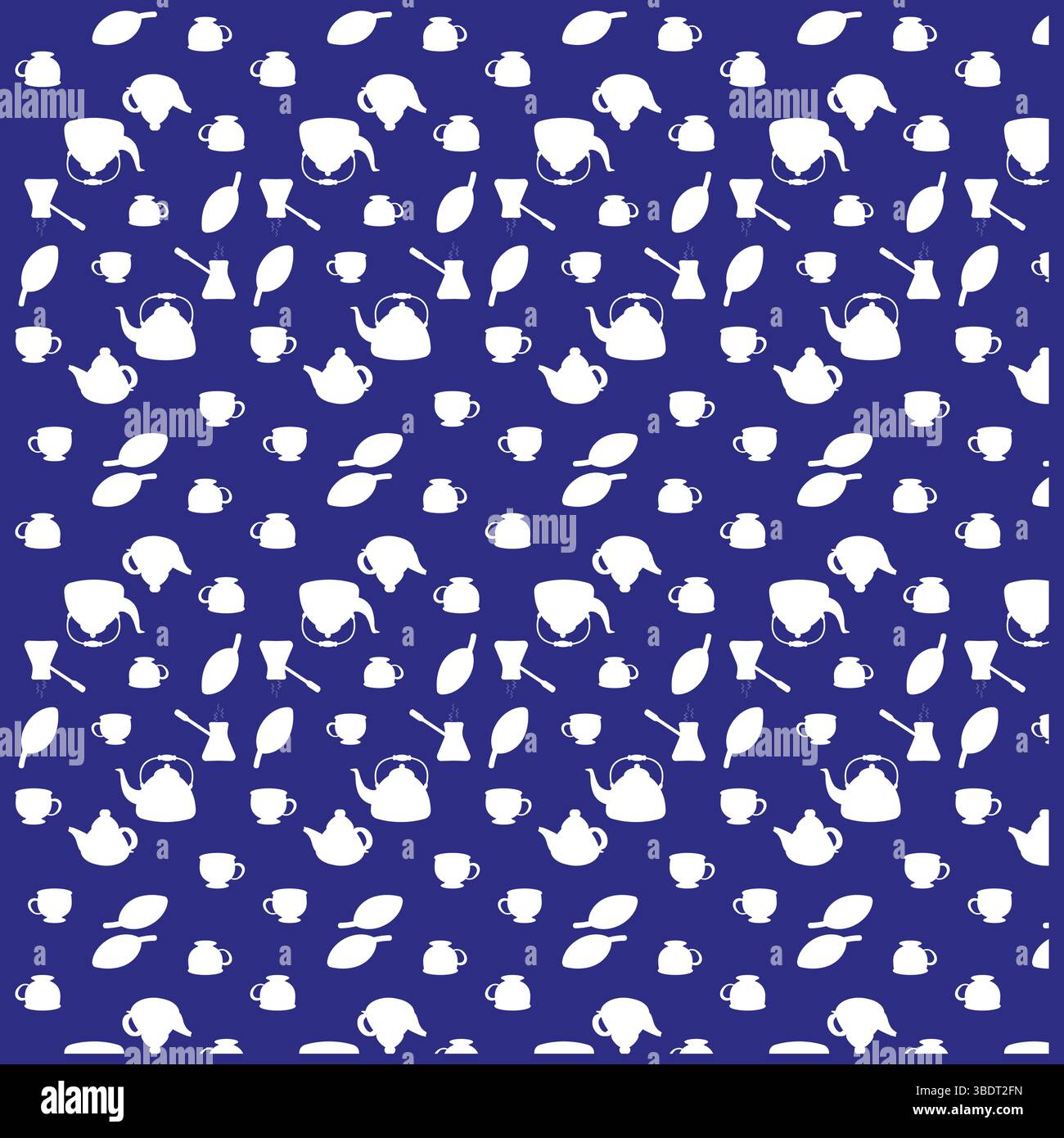 Teapot and cup pattern. Beverage icons vector. Blue background repeat. White kitchen shapes. Stock Vector