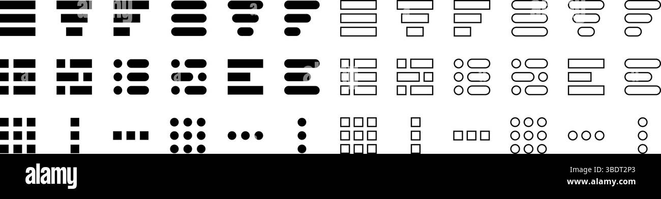 Set of hamburger menu icons. Different black list web buttons isolated on white background. Website interface navigation elements for mobile app or computer browser. Vector graphic illustration. Stock Vector