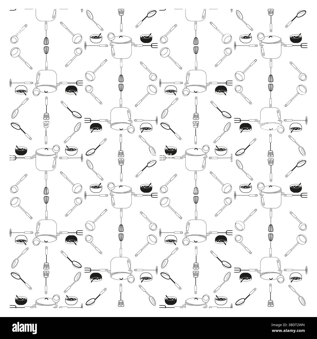 Seamless kitchen layout. Tools in repetition. Cookware in grid. Linear utensil design. Stock Vector