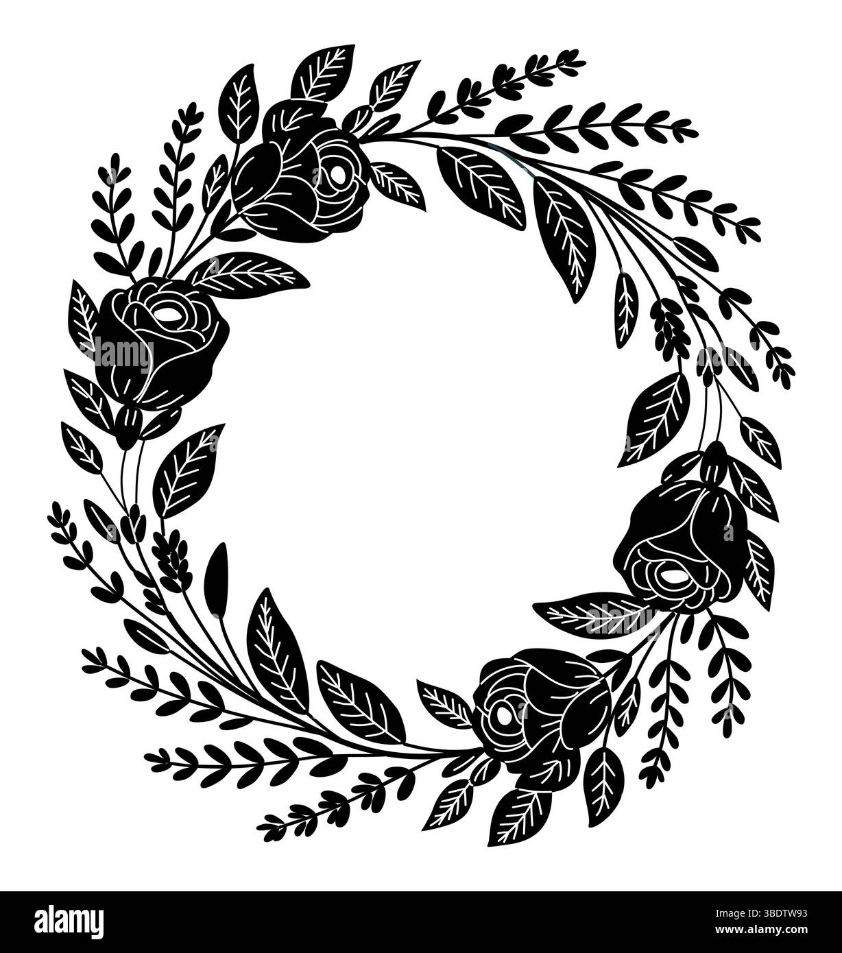 Floral wreath with rose, wild flowers Silhouette Stock Vector