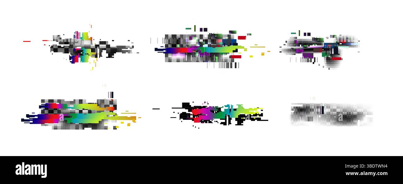 Pixel glitch abstract backgrounds set - distorted colorful mosaic, corrupted data digital noise, broken fragmented image artifacts, damaged video signal error. Retro style random chaos graphics. Stock Vector
