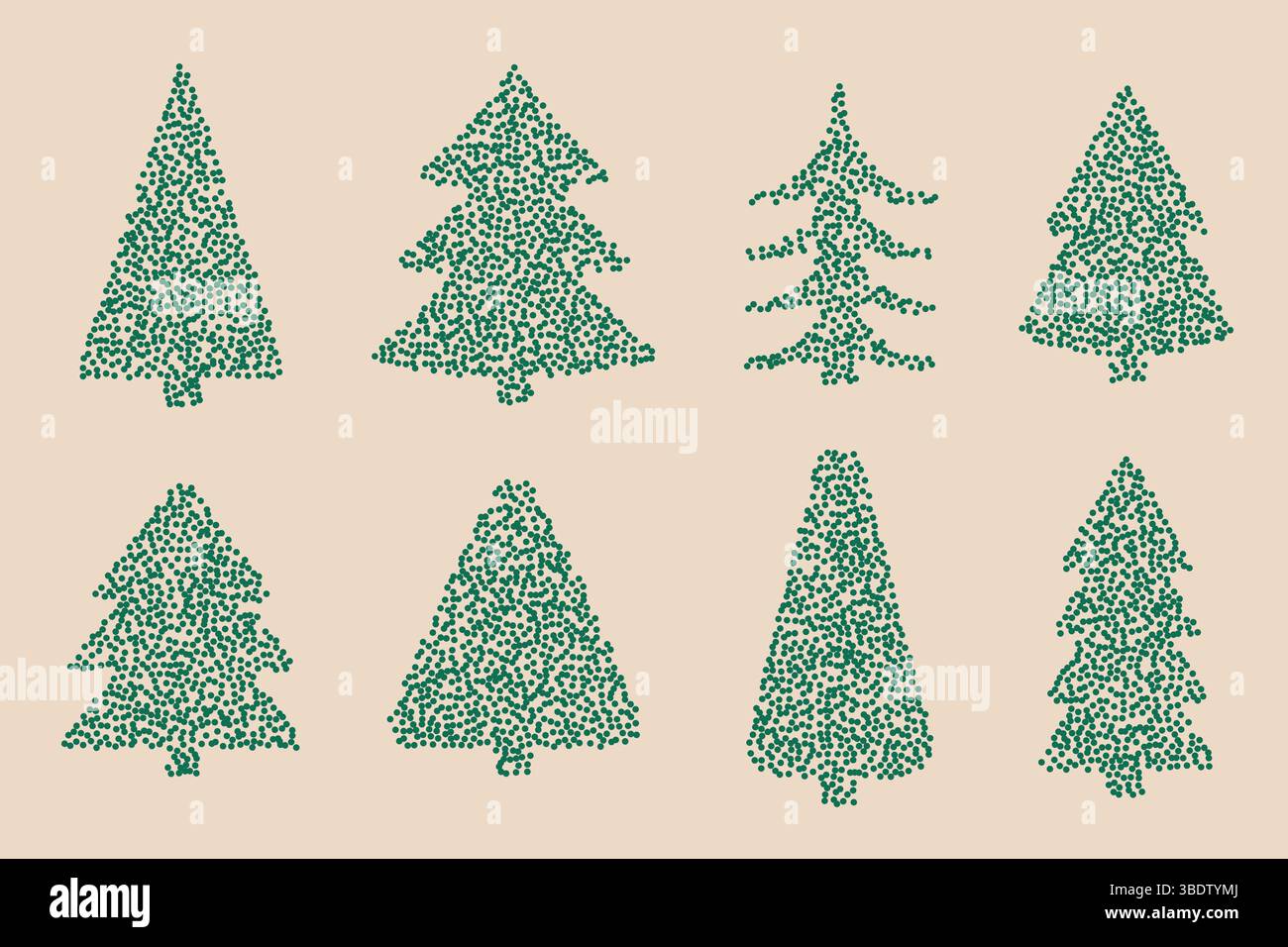 Trendy Christmas tree with stipple dots. Textured green fir elements collection Stock Vector