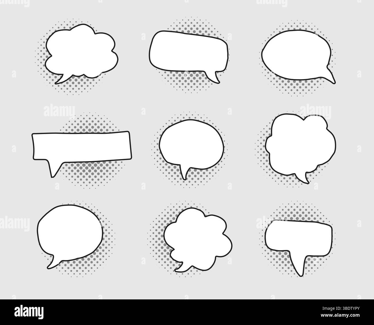 Doodle drawing retro speech bubbles collection with halftone shadows Stock Vector