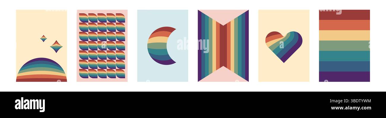 Retro 70s geometric cover set. Vintage rainbow color Stock Vector