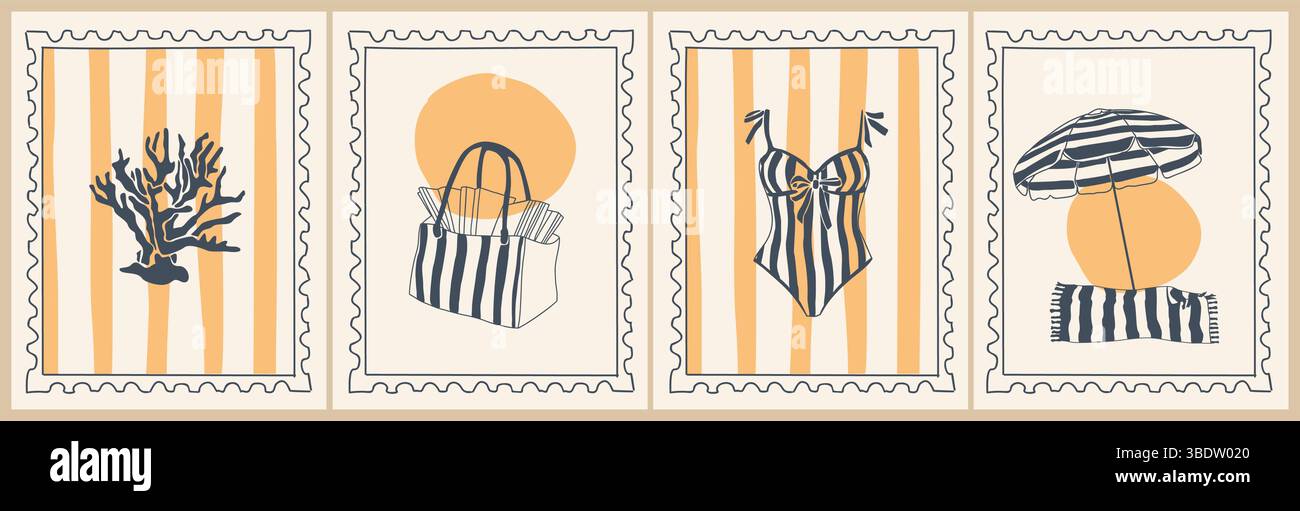 Minimalist summer stamp posters with beach scenes Stock Vector