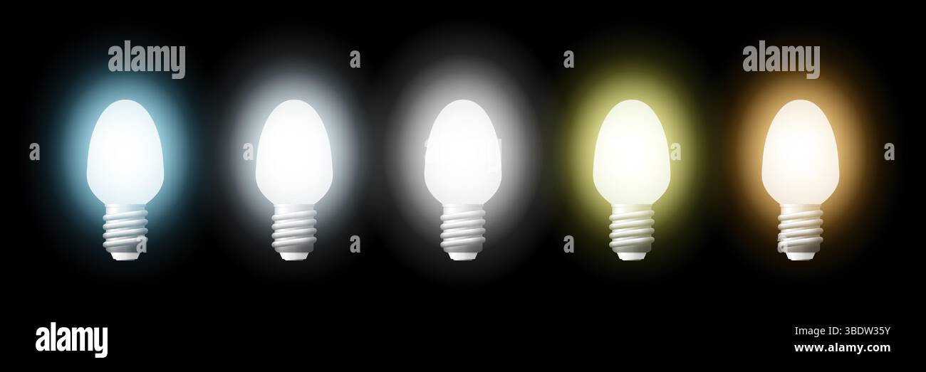 Light bulbs with varying color temperatures, ranging from cold to warm, illuminating against a dark backdrop, highlighting adjustable lighting options Stock Vector