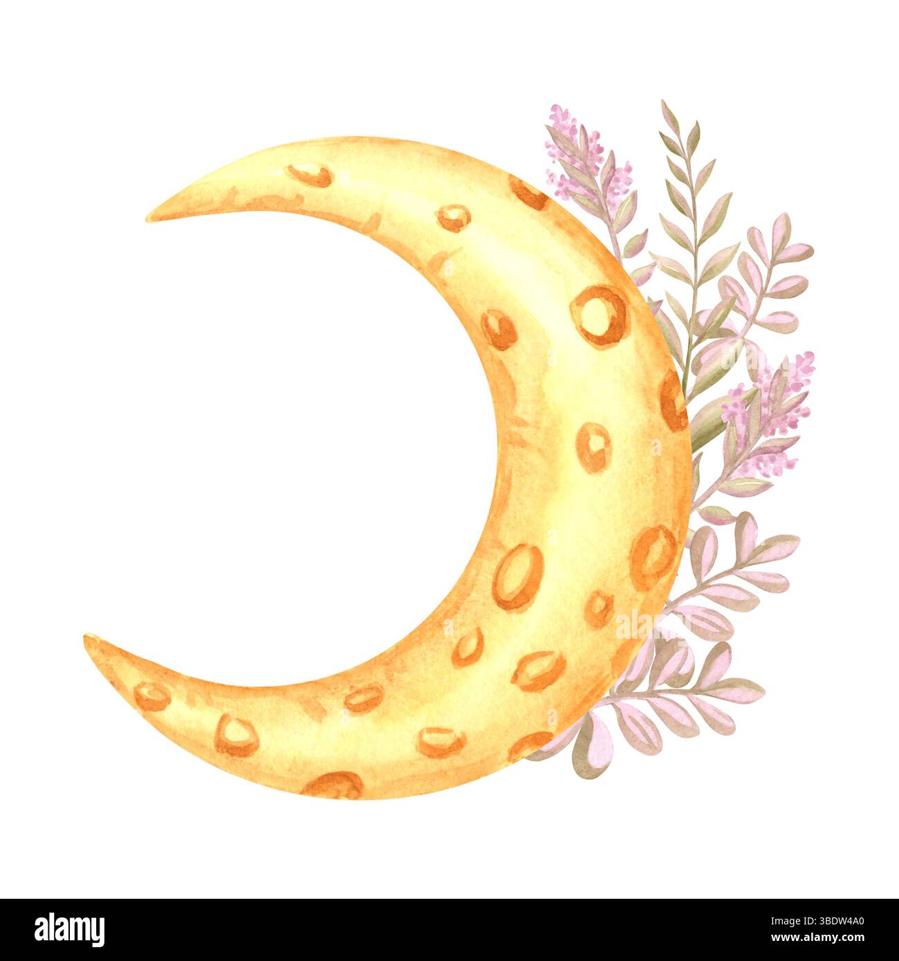 Golden crescent moon with purple flower twigs watercolor isolated illustration for kids design. Cute clipart hand drawn half luna from fairy tale Stock Photo
