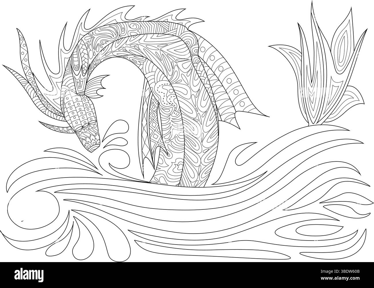 Detailed black and white line art illustration of a mythical sea dragon ...