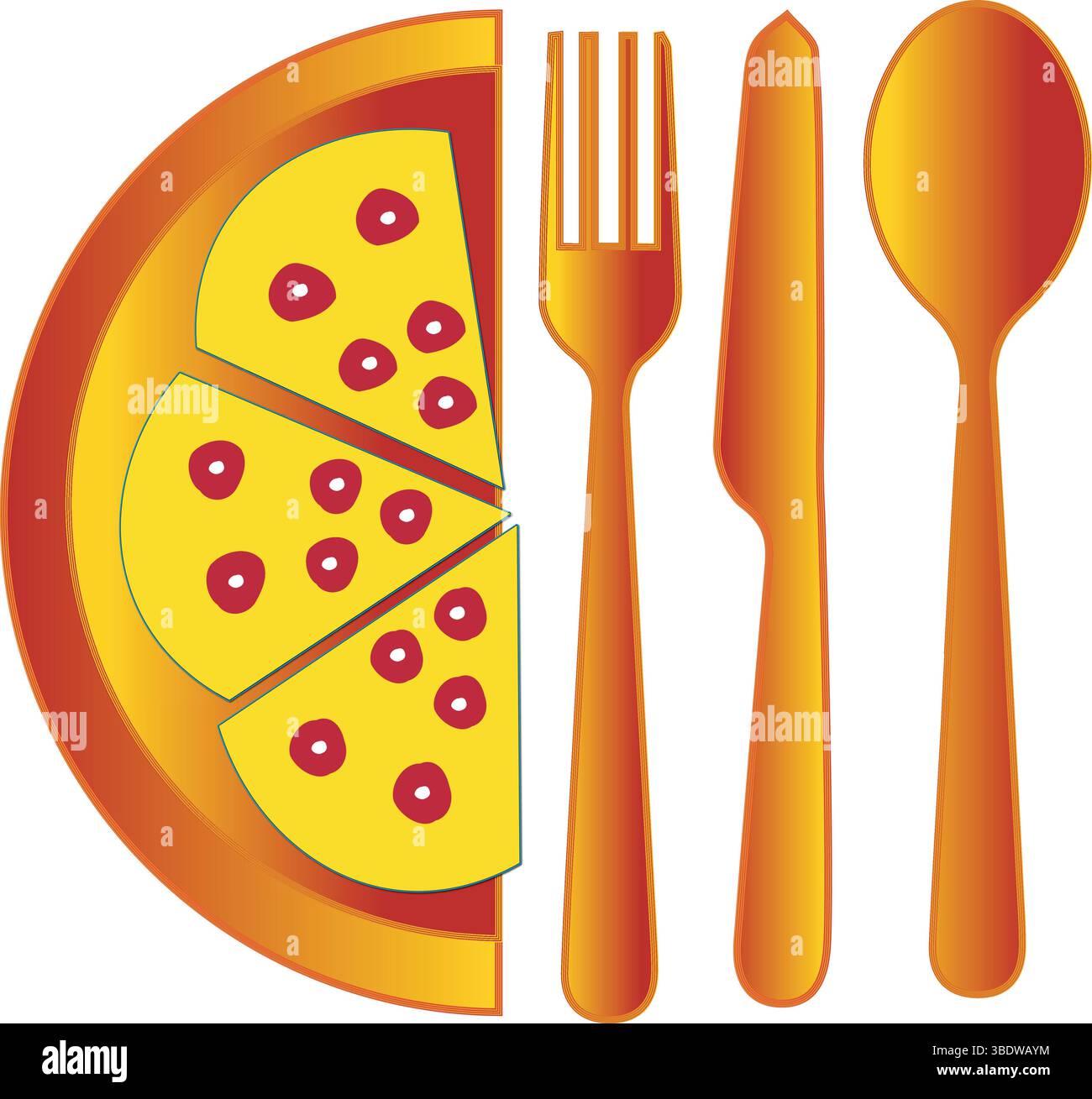 Pizza and Cutlery Vector – Bright Food Illustration with Fork, Knife, and Spoon Stock Vector