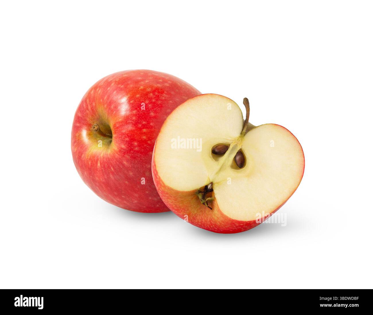Red fresh apple and a half isolated. Pink lady apples and a cut with clipping path. Stock Photo