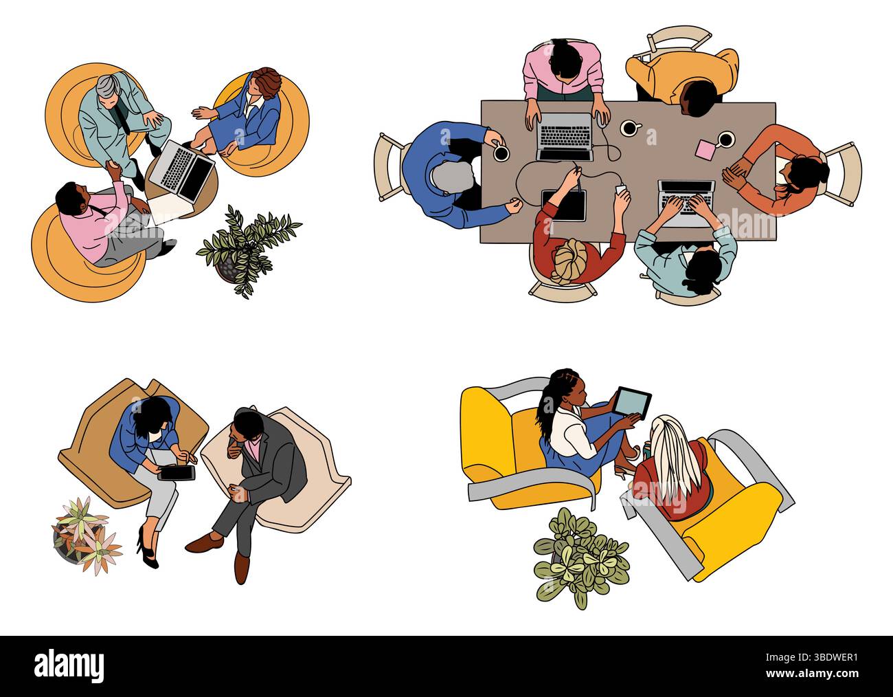 Flat vector set of business scenes top view. Stock Vector