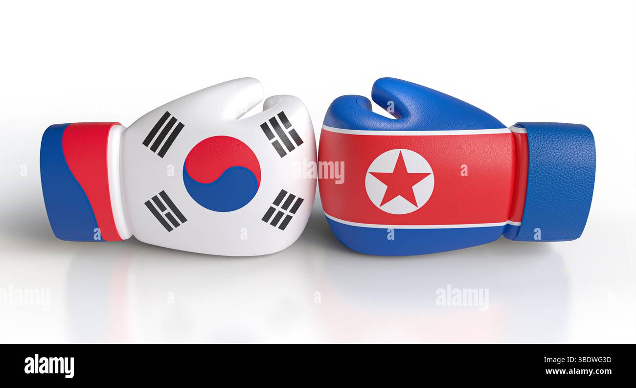 Boxing gloves with north and south korea flags facing each other 3d ...
