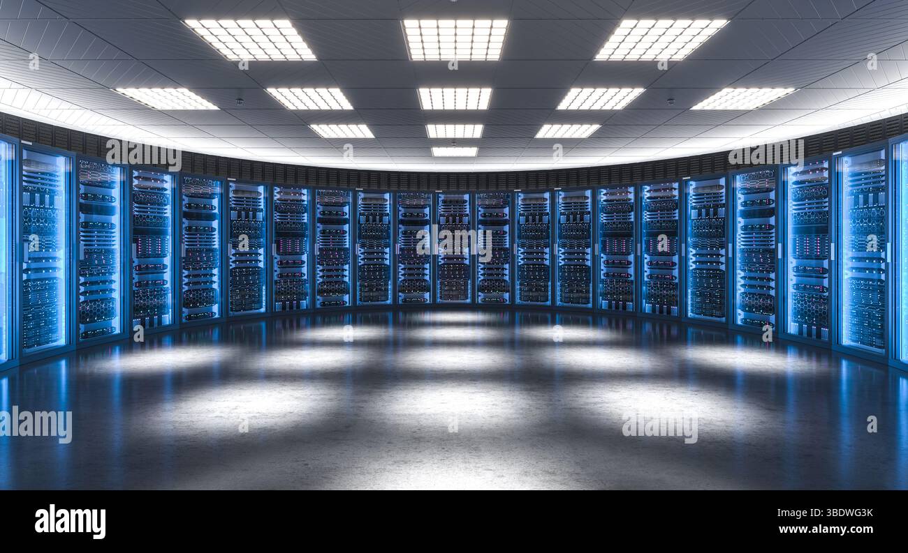 Server room hosting big data with futuristic hardware equipment 3d Stock Photo