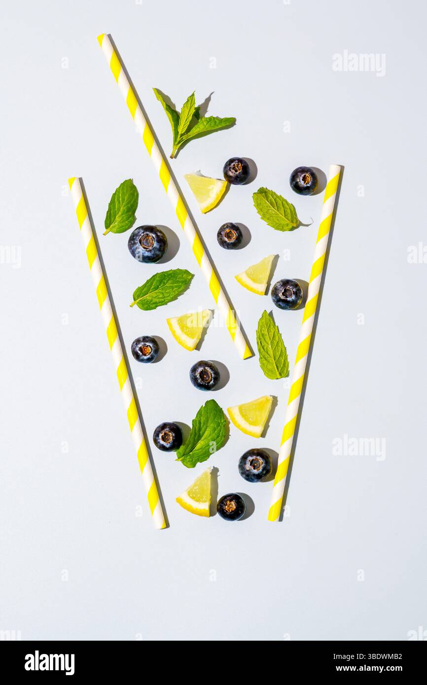 Abstract blueberry, lemon slices drink concept with ice cubes and mint Stock Photo