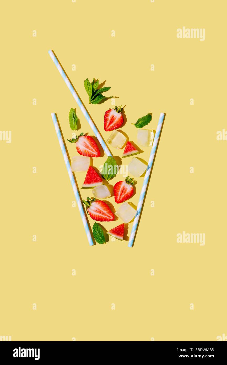 Abstract strawberry, watermelon juice with ice cubes and mint Stock Photo