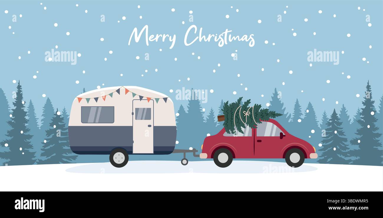 camping adventure car with caravan in snowy winter landscape vector illustration Stock Vector