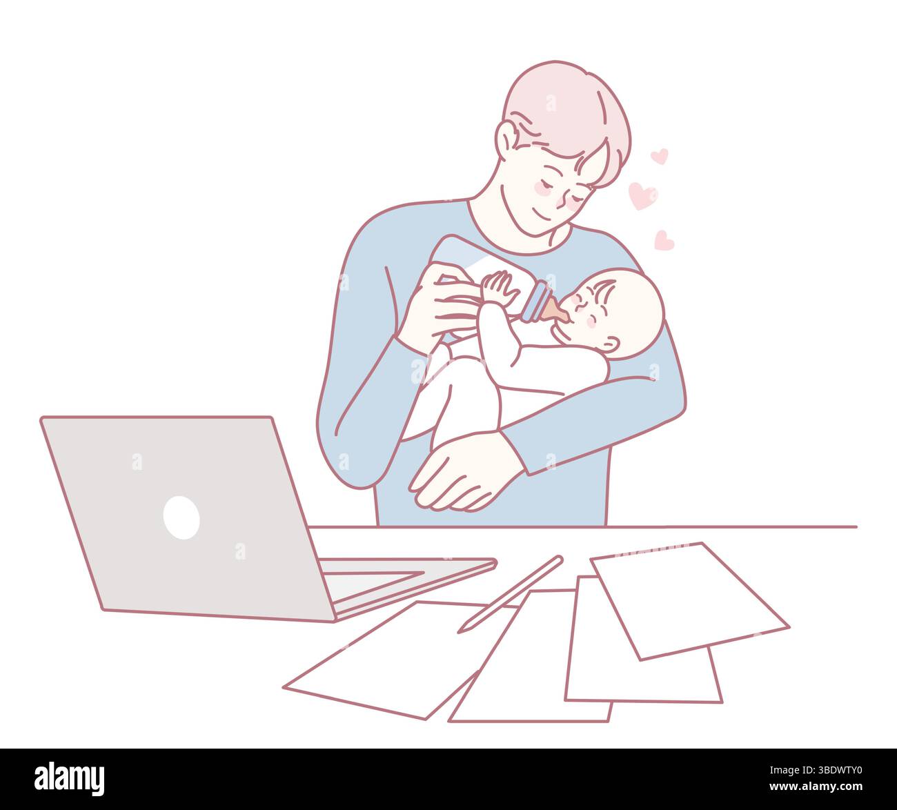 A joyful father is feeding his baby while balancing work ...