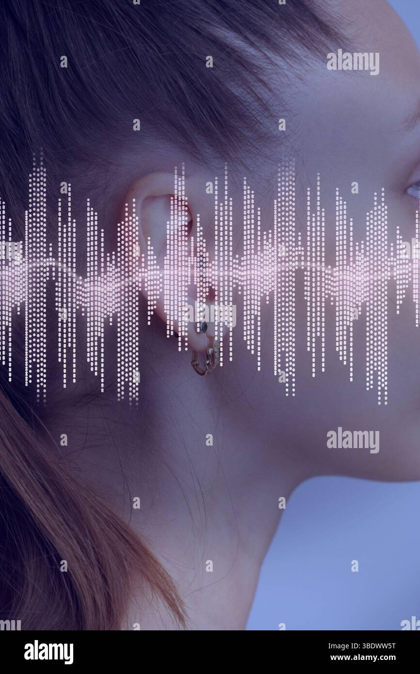 Sound wave visualization overlaid on the side profile of a woman with a ponytail in a serene setting Stock Photo