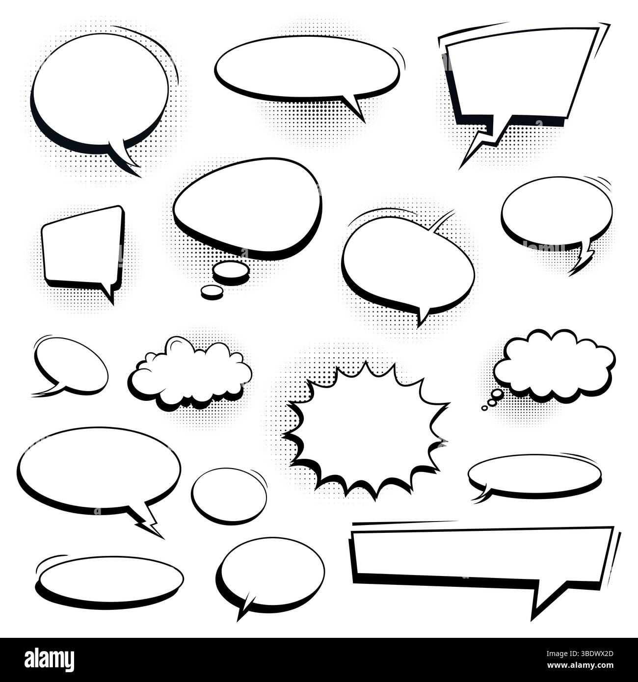 Set of retro empty comic bubbles and elements with black halftone ...