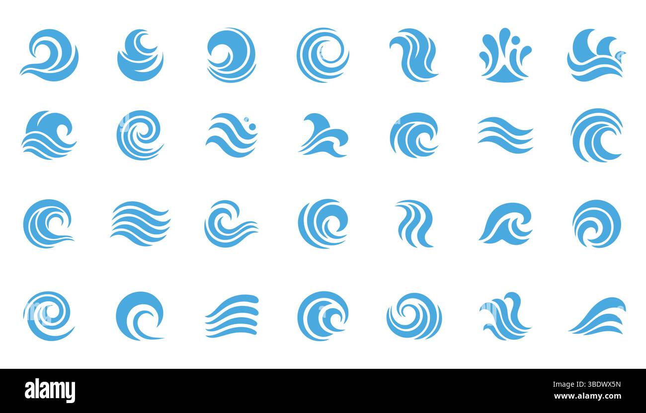 Wave Type Symbol Set of blue waves and splashes of water, wavy nature symbols in motion ...