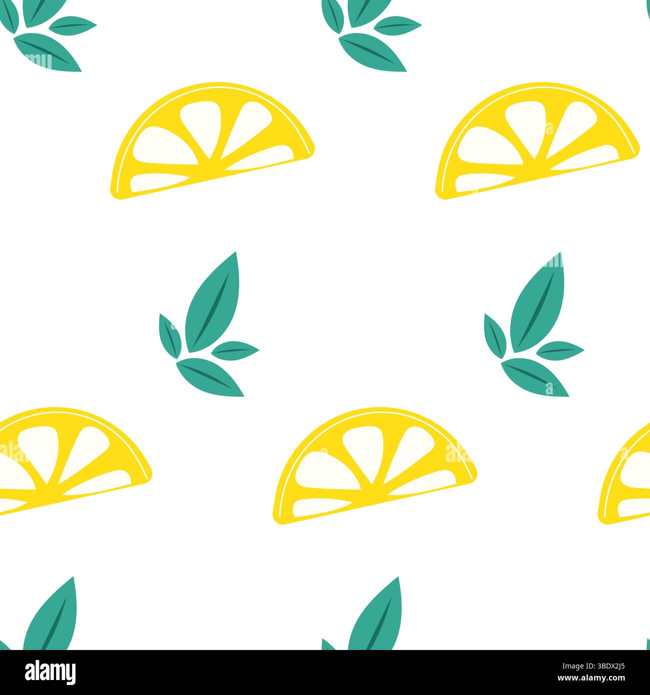Seamless pattern with lemon slice and green leafs. Stock Vector