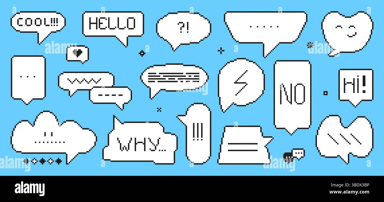Pixel art speech bubbles. Dialogue frames abstract shapes, 8-bit communication elements. Chat message text bubble, neoteric retro vector set Stock Vector