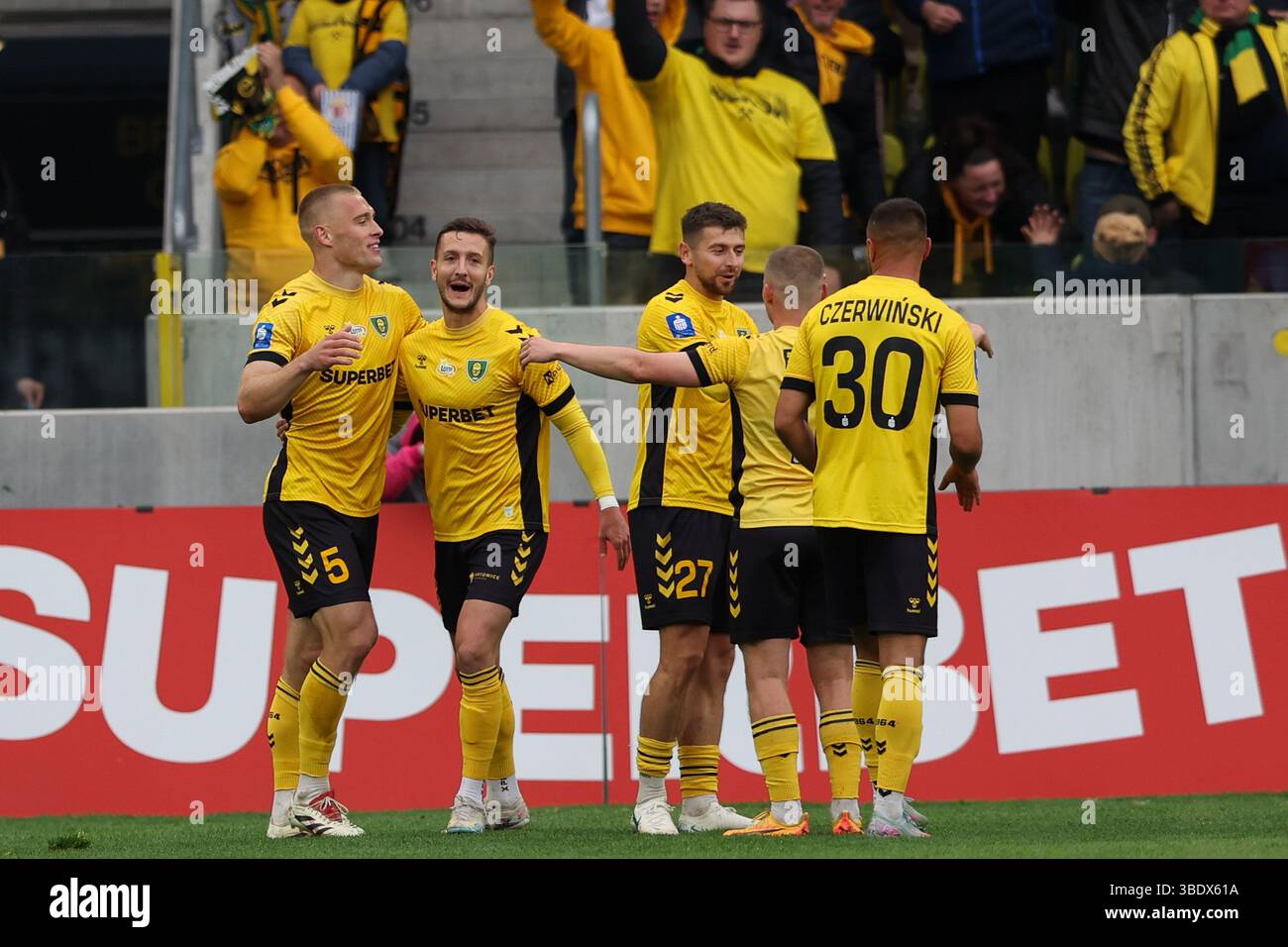 Katowice, Poland. 18th May, 2025. Players of GKS Katowice celebrate ...