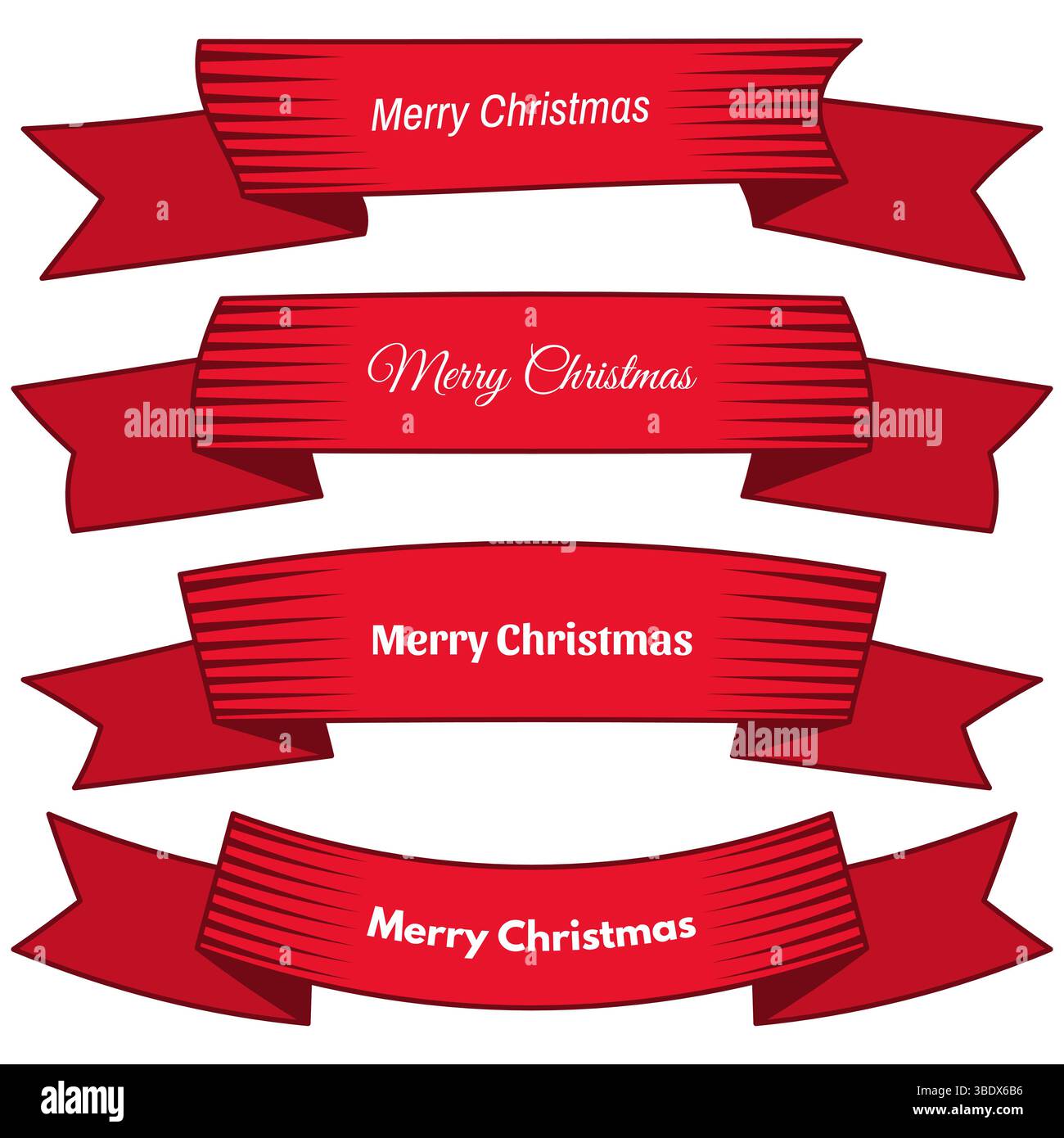 Set of four red ribbons and banners with an inscription Merry Christmas ...