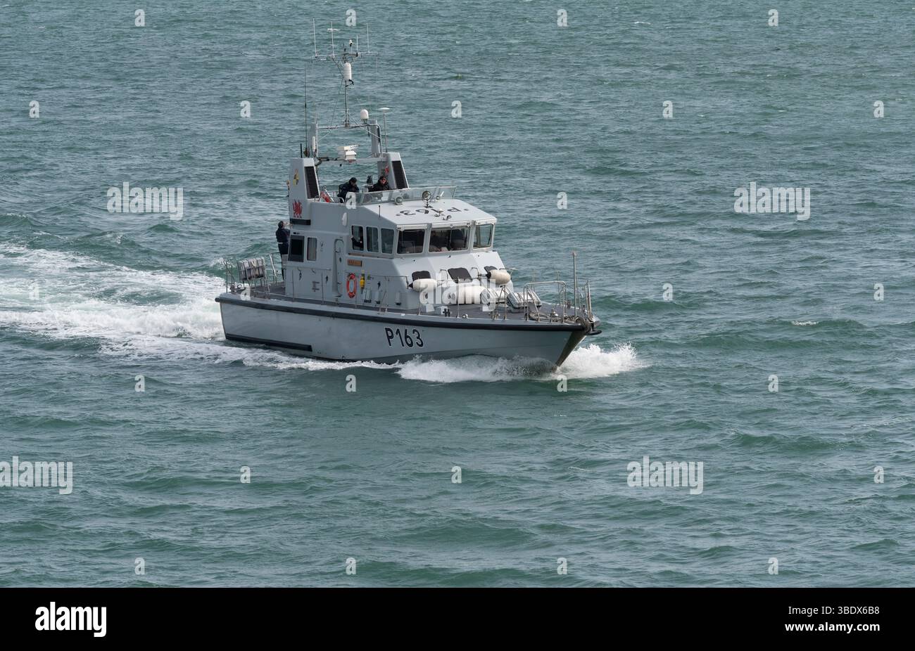 Portsmouth England UK. 23.05.2025. HMS Express  P163 Amber Class Royal Navy patrol boat underway arriving into Portsmouth England, Stock Photo