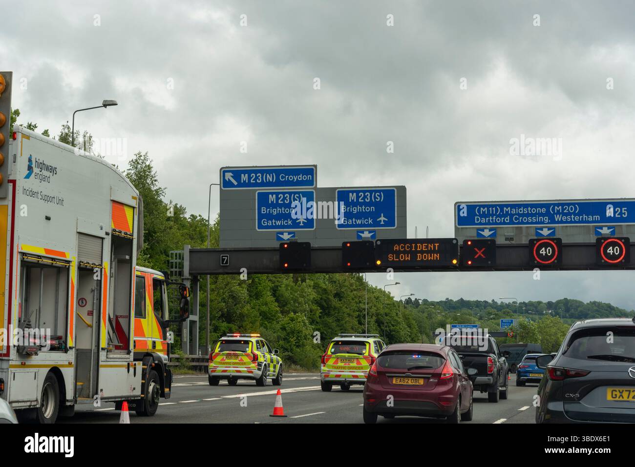 Croydon London England UK. 24.05.2025. Incident support vehicle parked on M25 motorway to direct vehicles into other driving lanes to avoid accident a Stock Photo