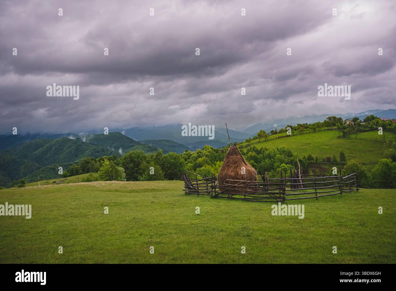 Traditional Haystacks and Rural Mountain Landscape in Romania rainy ...