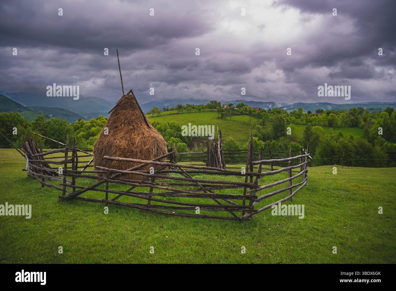 Traditional Haystacks and Rural Mountain Landscape in Romania rainy ...