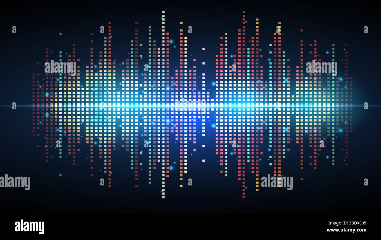Abstract music neon background. Digital equalizer, audio pattern, sound frequency. Stock Vector